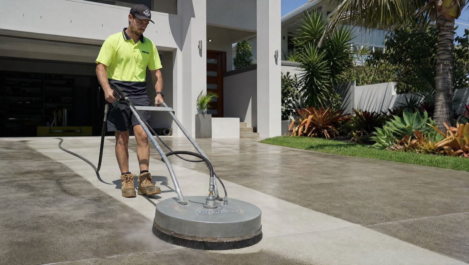 Pressure washing a concrete driveway with a surface cleaner, restoring it to a fresh, even finish
